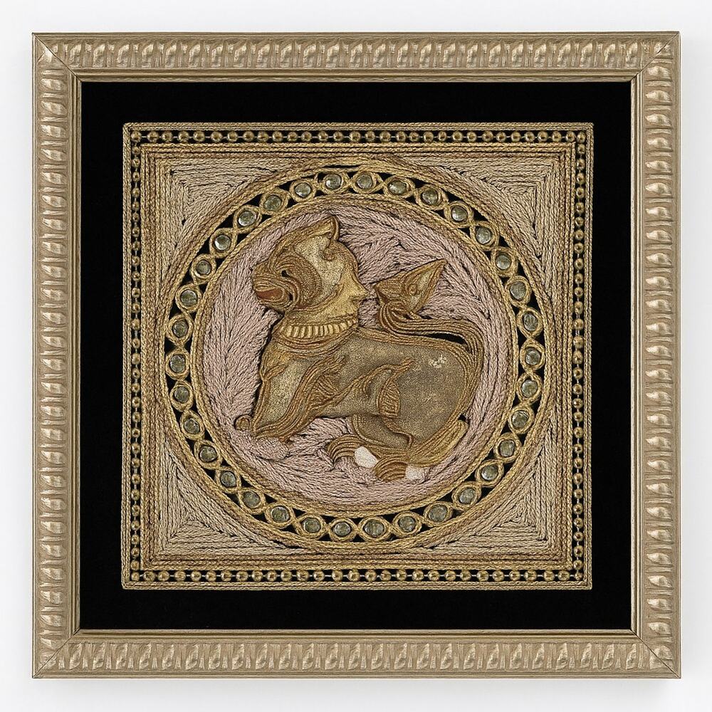 Vtg Burmese Kalaga Chinthe Embroidered Beaded Velvet Wall Art 12x12 Framed